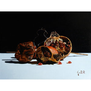 Dried Pomegranate and Pear - Oil paint on canvas by Giraudo Riccardo - Fp Art Online
