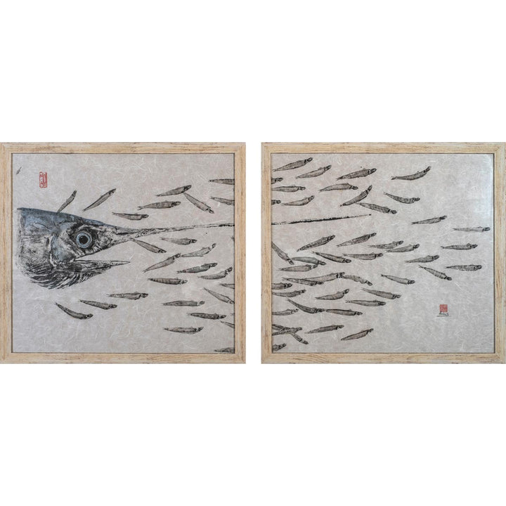 Spada con Alici #626-  Diptych - Japanese Gyotaku technique painting on "Kozo" Asian mulberry paper by Auleta Nadia - Fp Art Online