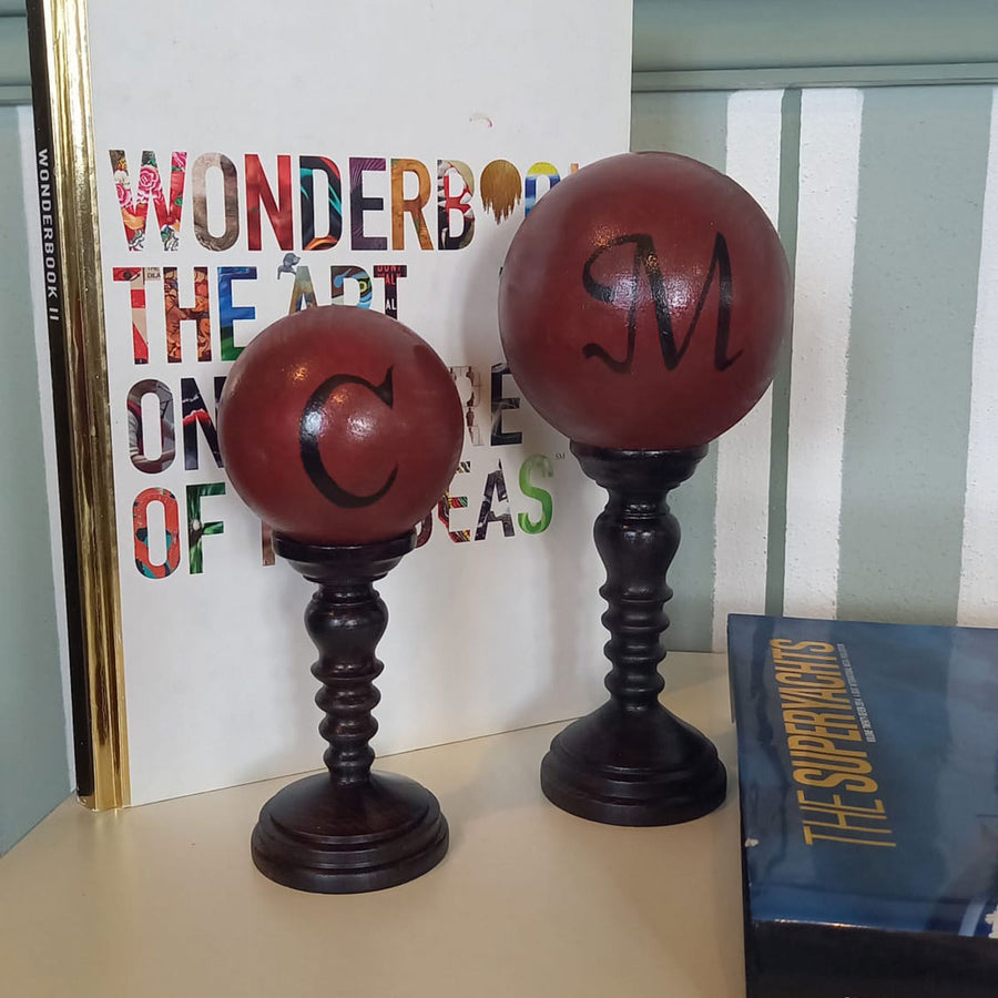 Red Spheres On Pedestal - Handmade shelf sculptures in timber by Fp Art Collection - Fp Art Online