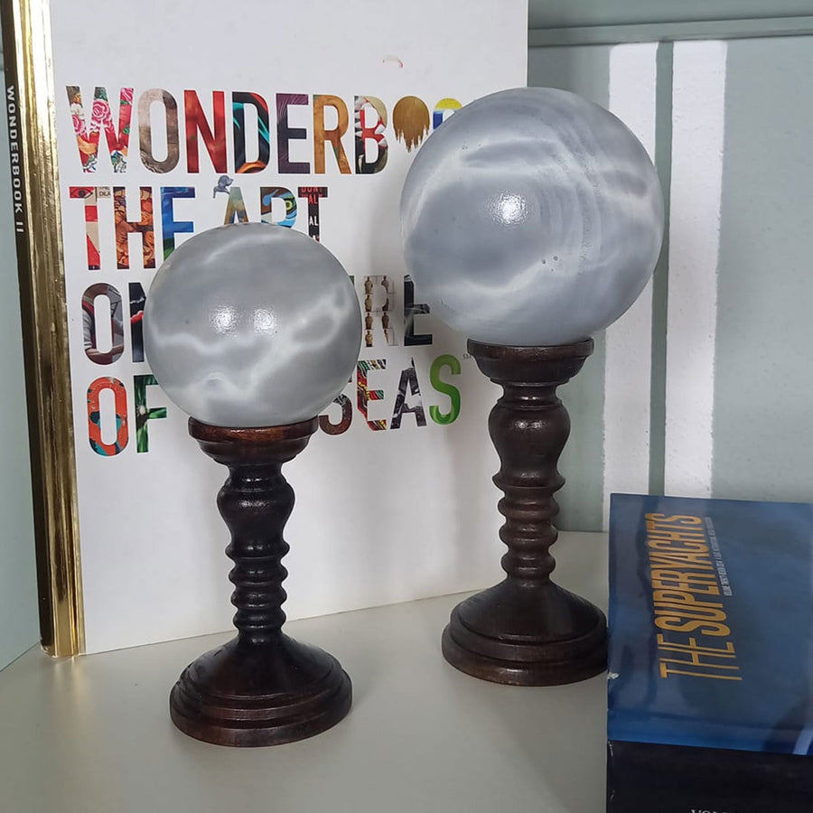 Grey Spheres On Pedestal - Handmade shelf sculptures in timber by Fp Art Collection - Fp Art Online