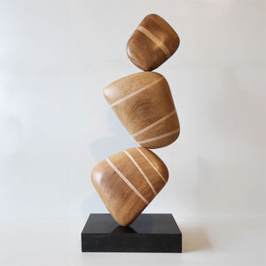 Wood Stone - Handmade Iroku wood shelf sculpture with black granite base by Fp Art Collection - Fp Art Online