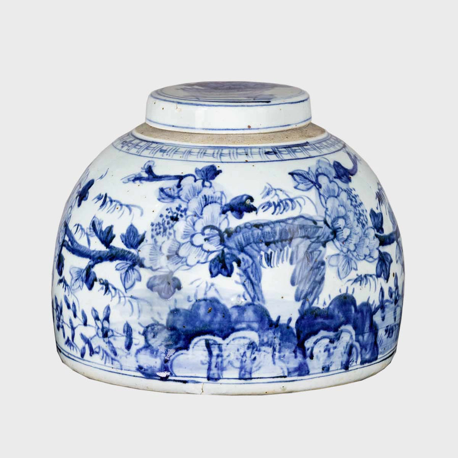 Chinese Ceramic Vase with Lid, Hand-Painted White/Blue Peony Motif by China Tibet - Fp Art Online