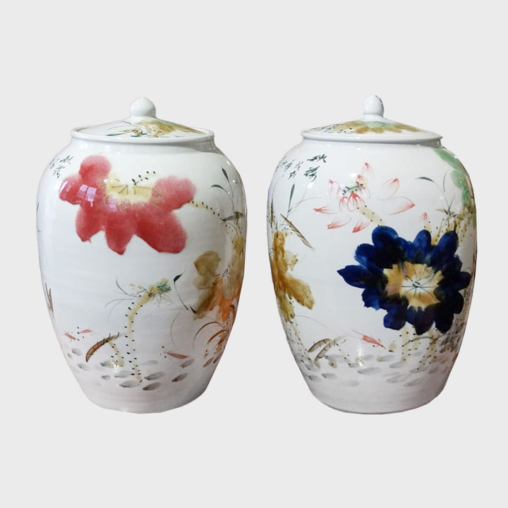 Pair of two Chinese ceramic vases lotus flower motif and lid by China Tibet - Fp Art Online