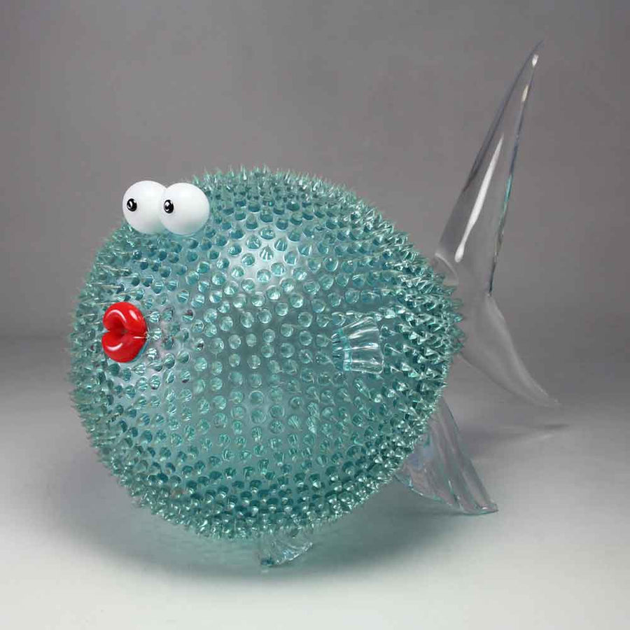 Blue Blow Fish - Free blown glass, sandblasted, silicone sculpture by Laty Nicolas - Fp Art Online
