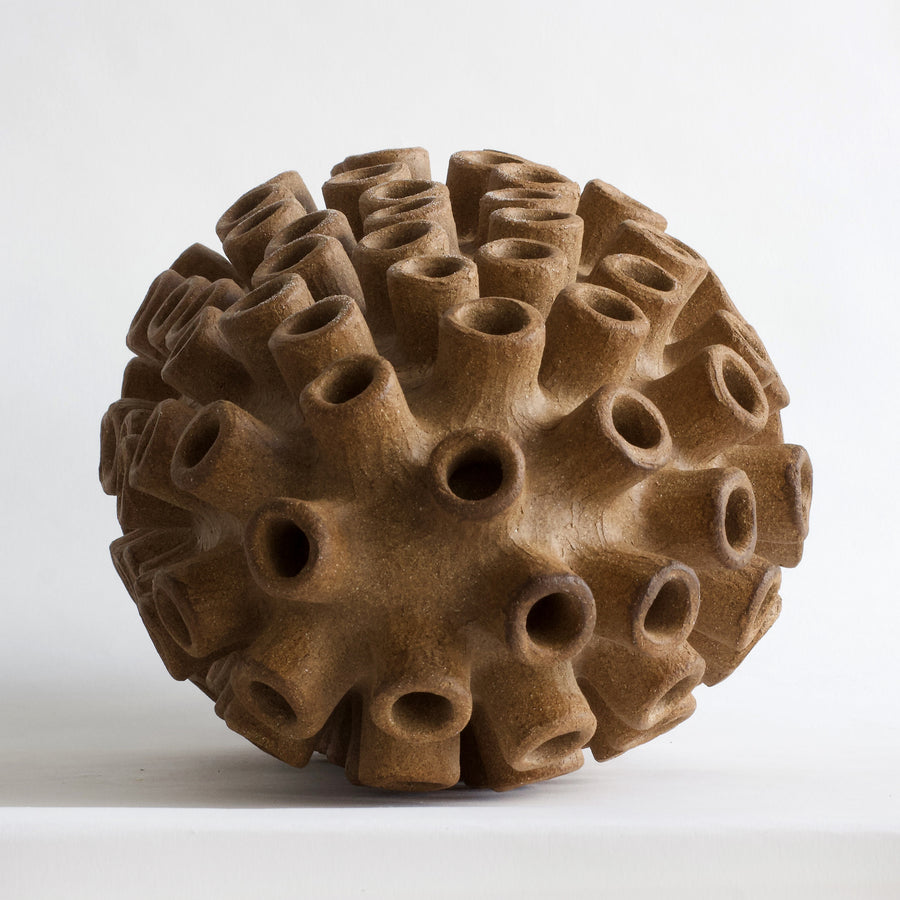 Caterpillar No. 5 - Brown unglazed stoneware sculpture, handmade with coil technique by Bergeron Julie - Fp Art Online
