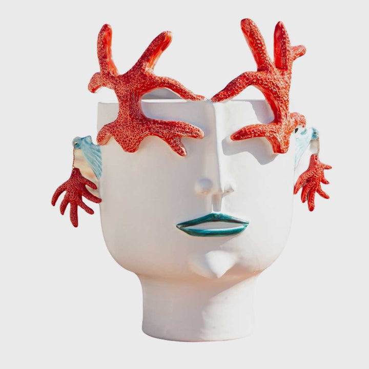 Corallina from Trapani - Handmade ceramic head vase with coral and earring reliefs by Italiano Patrizia - Fp Art Online