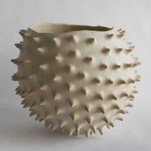 Large Spiked Shell - White unglazed stoneware sculpture, handmade with coil technique by Bergeron Julie - Fp Art Online