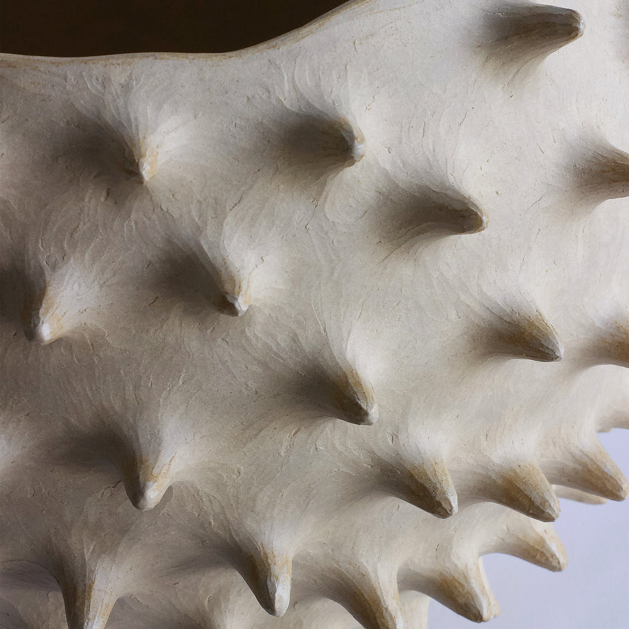 Large Spiked Shell - White unglazed stoneware sculpture, handmade with coil technique by Bergeron Julie - Fp Art Online