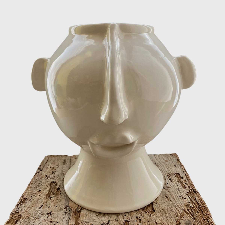 Lucio - Glossy cream enamel handmade ceramic head vase with reliefs by Italiano Patrizia - Fp Art Online