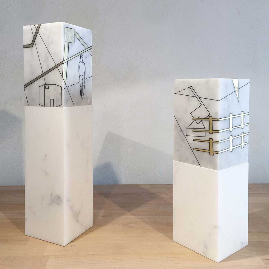 Next City (Pair) - Acrylic and gold leaf on marble sculpture by Huertas Lorena - Fp Art Online