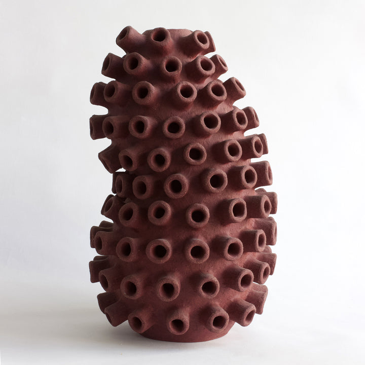 Octopus Vase - Red unglazed stoneware sculpture, handmade with coil technique by Bergeron Julie - Fp Art Online
