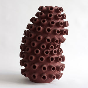Octopus Vase - Red unglazed stoneware sculpture, handmade with coil technique by Bergeron Julie - Fp Art Online