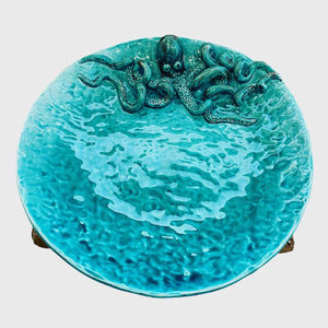 Blue Octopus, Handmade plate with raised octopus, blue and green by Italiano Patrizia - Fp Art Online