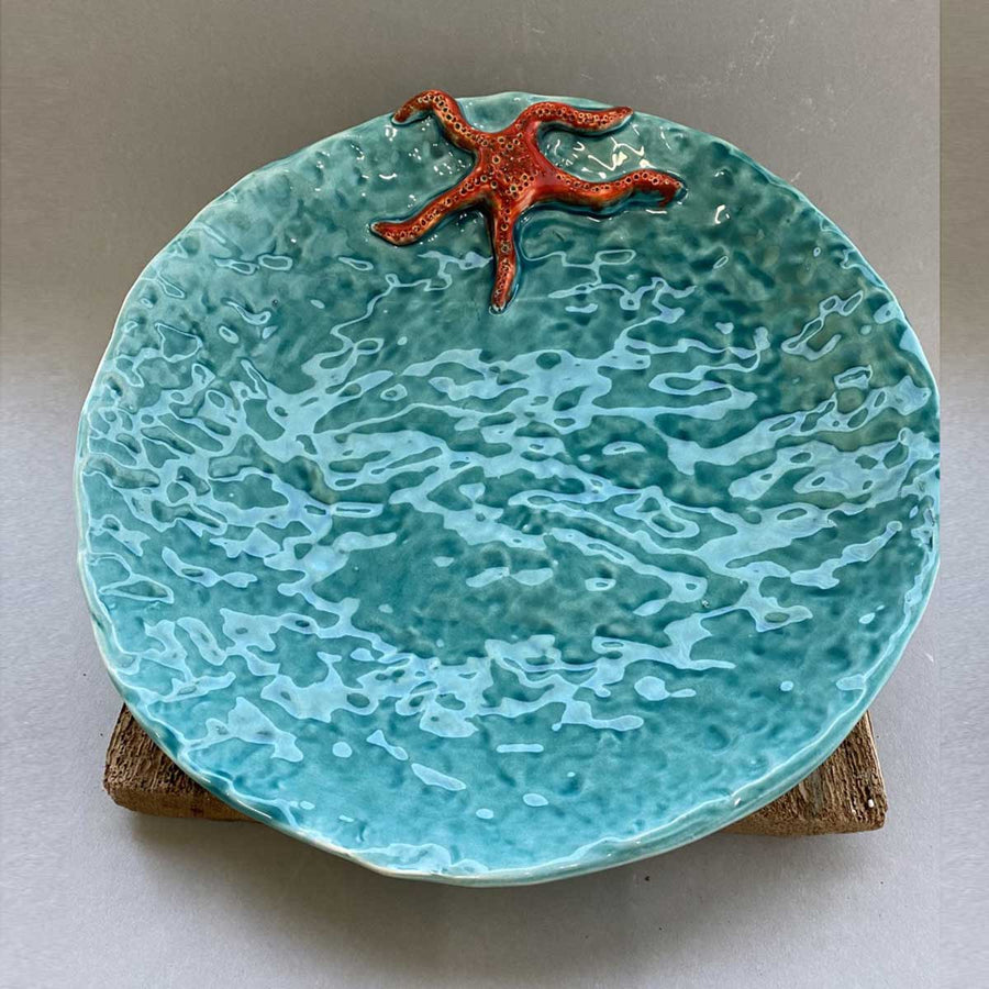 Blue Starfish, Handmade plate with starfish relief, shiny crystalline by Italiano Patrizia - Fp Art Online
