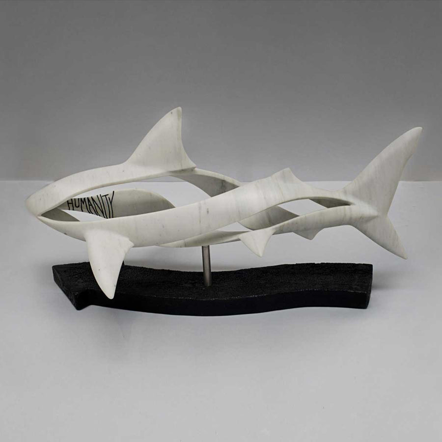 Route - Carrara marble, stainless steel and burned wood sculpture by Bizas John - Fp Art Online