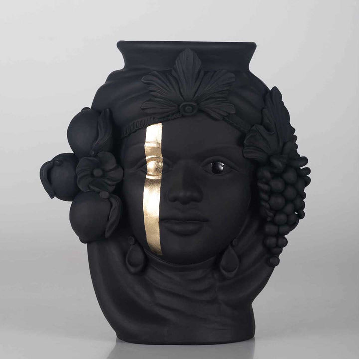 Cecì Black - Matt finished terracotta vase, gold leaf decoration by Boemi Stefania - Fp Art Online