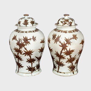 Pair of two Chinese Ceramic Vases with Lid, Hand-Painted Bamboo Motif by China Tibet - Fp Art Online