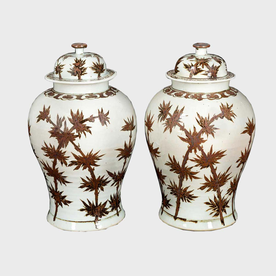 Pair of two Chinese Ceramic Vases with Lid, Hand-Painted Bamboo Motif by China Tibet - Fp Art Online