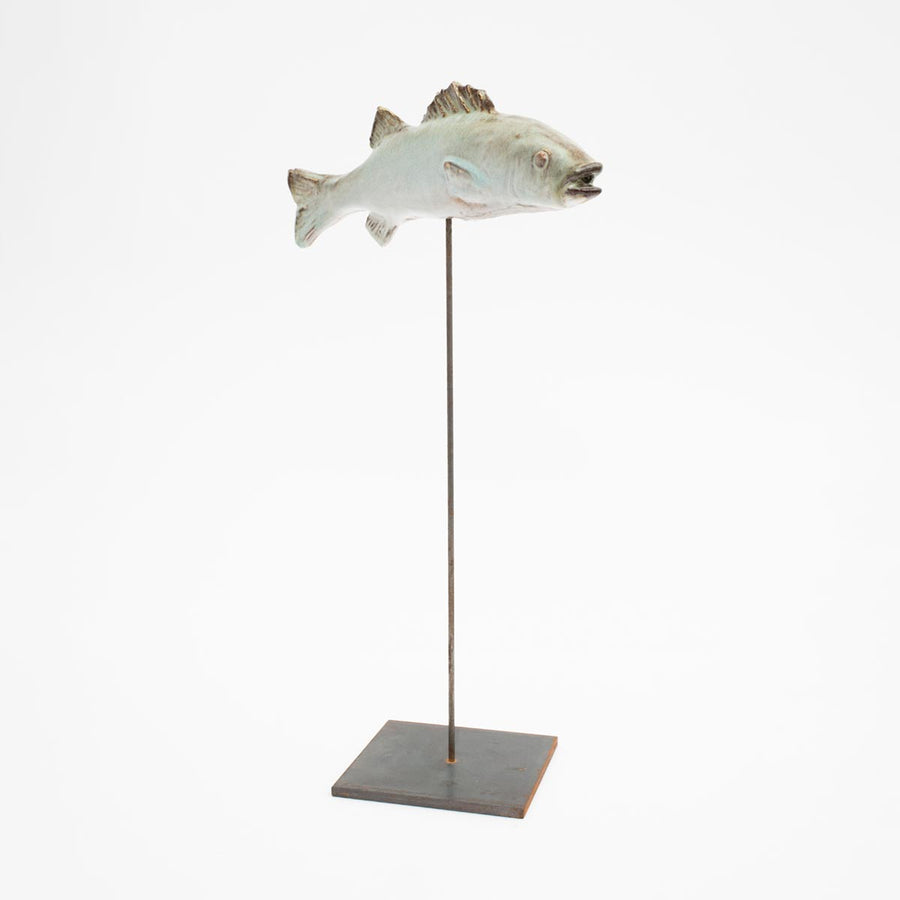 Fat White Seabass - Enameled ceramic sculpture on metal rod by Amaaro - Fp Art Online