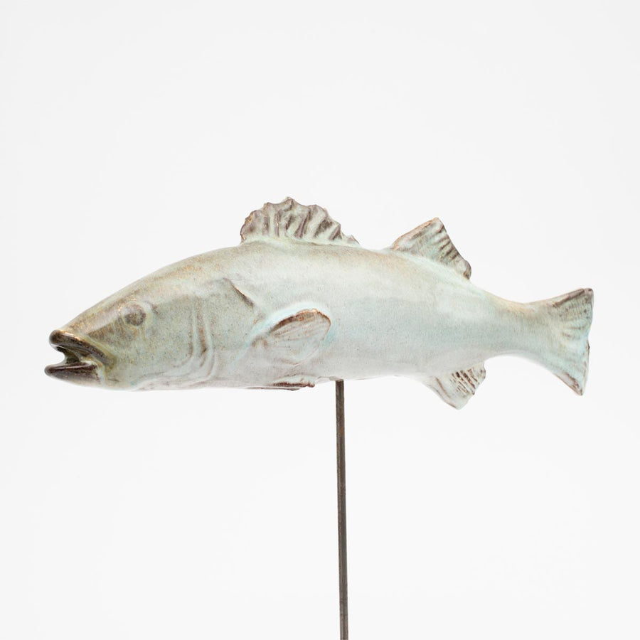 Fat White Seabass - Enameled ceramic sculpture on metal rod by Amaaro - Fp Art Online