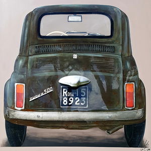 Fiat 500 Rusty Green - Mixed media on canvas and lighting source by Casali Monica - Fp Art Online