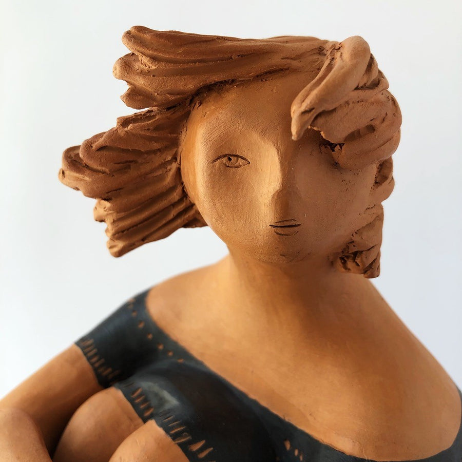 In Riva with Black Dress - Handmade glazed terracotta sculpture by Chartroux Paola - Fp Art Online