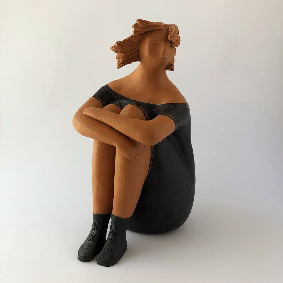 In Riva with Black Dress - Handmade glazed terracotta sculpture by Chartroux Paola - Fp Art Online