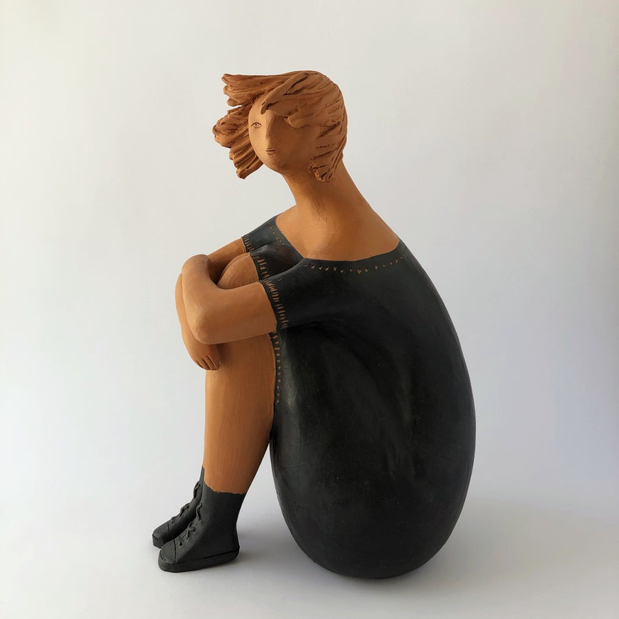 In Riva with Black Dress - Handmade glazed terracotta sculpture by Chartroux Paola - Fp Art Online