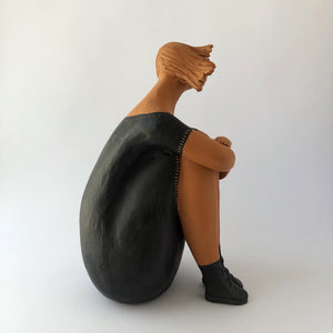 In Riva with Black Dress - Handmade glazed terracotta sculpture by Chartroux Paola - Fp Art Online