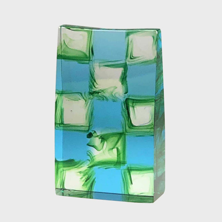 Monolite Gotico G.15.A - Decorated crystal monoblocks sculpture, green/acquamare chessboard by Moretti Carlo Venezia - Fp Art Online