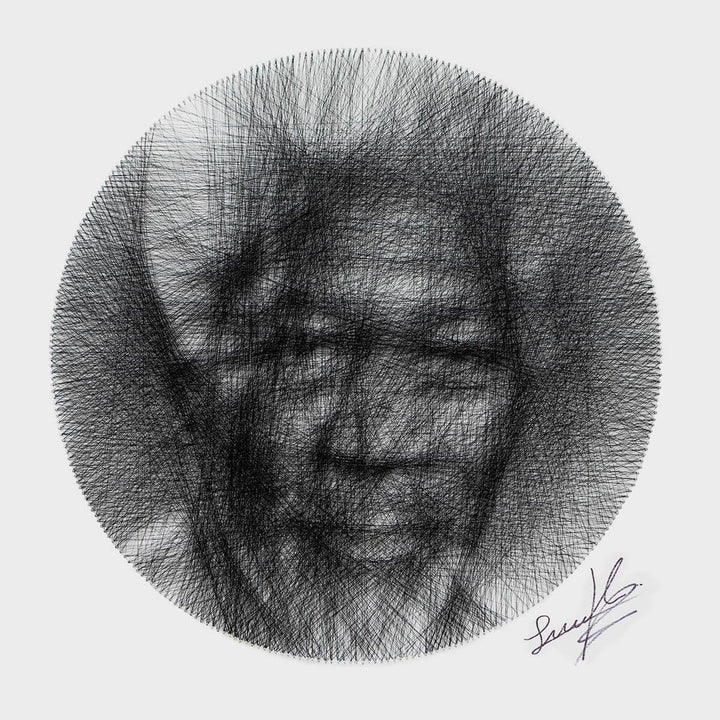 Morgan Freeman - Nails and thread on wood panel by Lucchini Martin - Fp Art Online