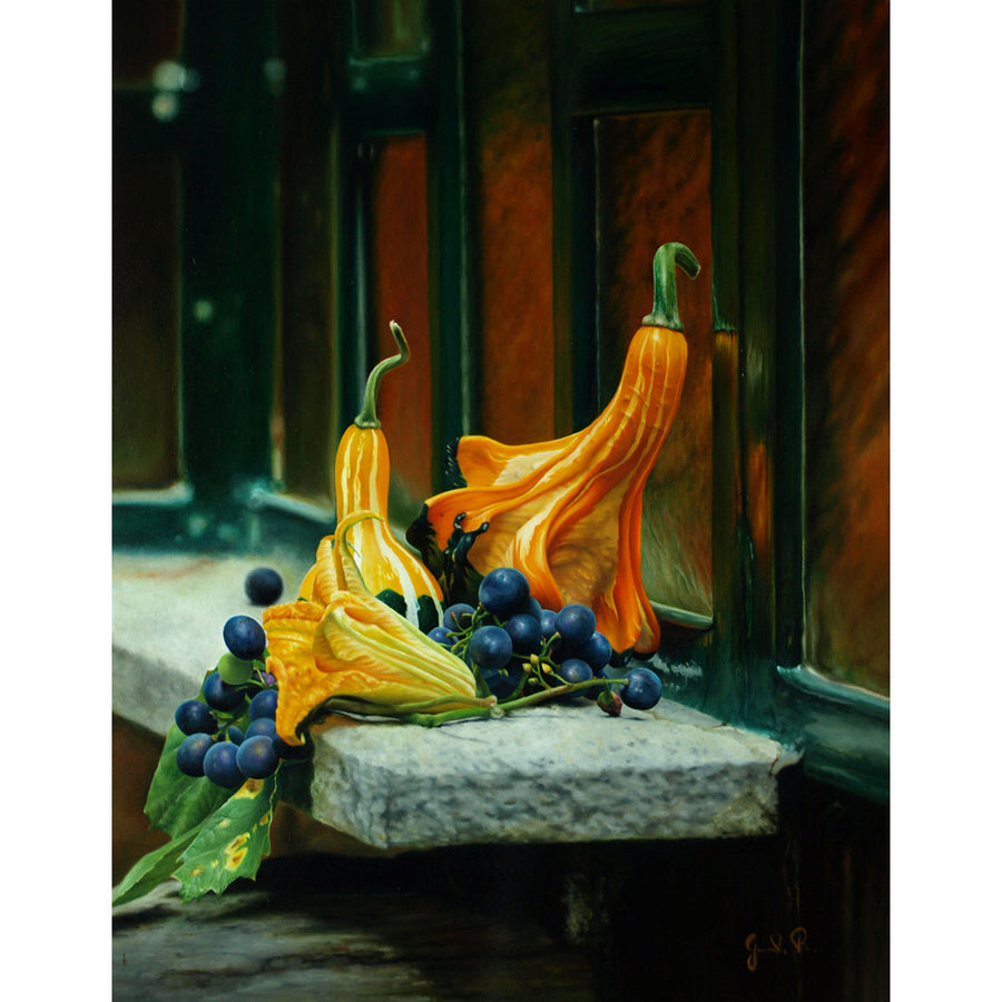 Pumpkins and Grapes - Oil paint on panel by Giraudo Riccardo - Fp Art Online