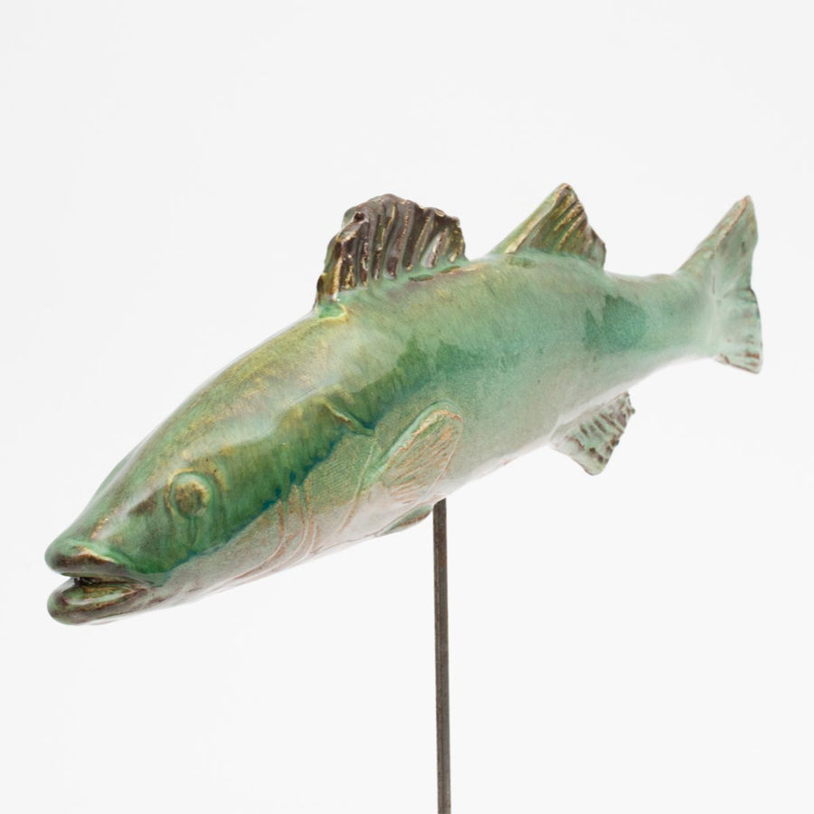 Slim Green Seabass - Enameled ceramic sculpture on metal rod by Amaaro - Fp Art Online