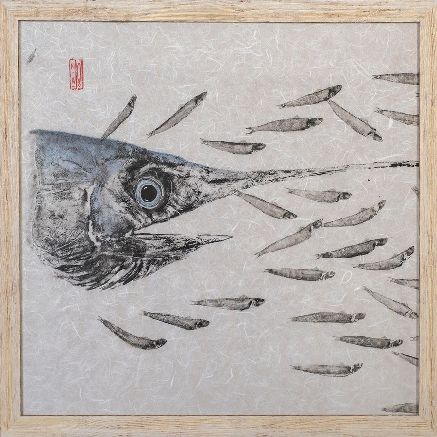 Spada con Alici #626-  Diptych - Japanese Gyotaku technique painting on "Kozo" Asian mulberry paper by Auleta Nadia - Fp Art Online