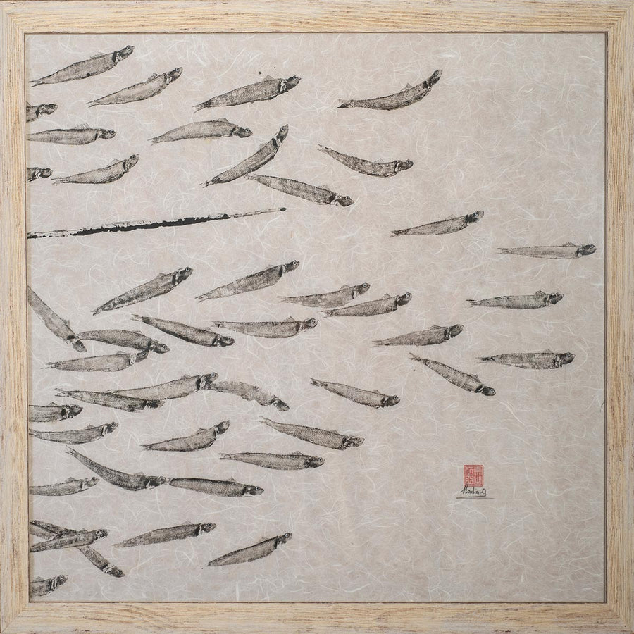 Spada con Alici #626-  Diptych - Japanese Gyotaku technique painting on "Kozo" Asian mulberry paper by Auleta Nadia - Fp Art Online