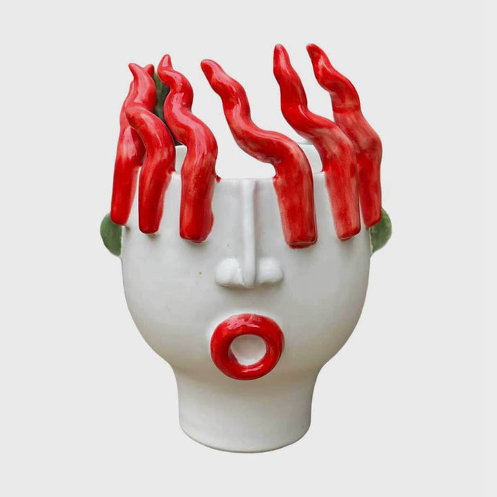 Totuccio - Handmade ceramic head vase with reliefs of chillies by Italiano Patrizia - Fp Art Online