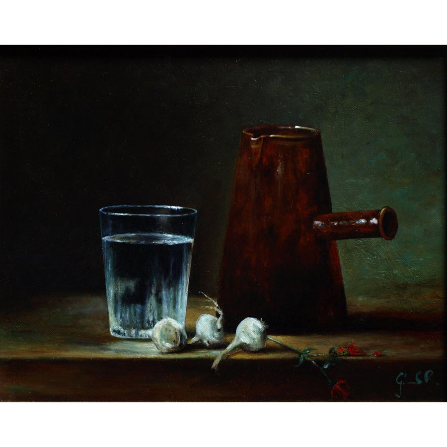 Water Glass and Carafe - Oil paint on canvas by Giraudo Riccardo - Fp Art Online